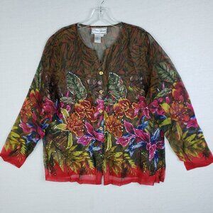 Vintage Diane Gilman Silk Blouse Tunic Top Sequined Floral Sheer size M Relaxed